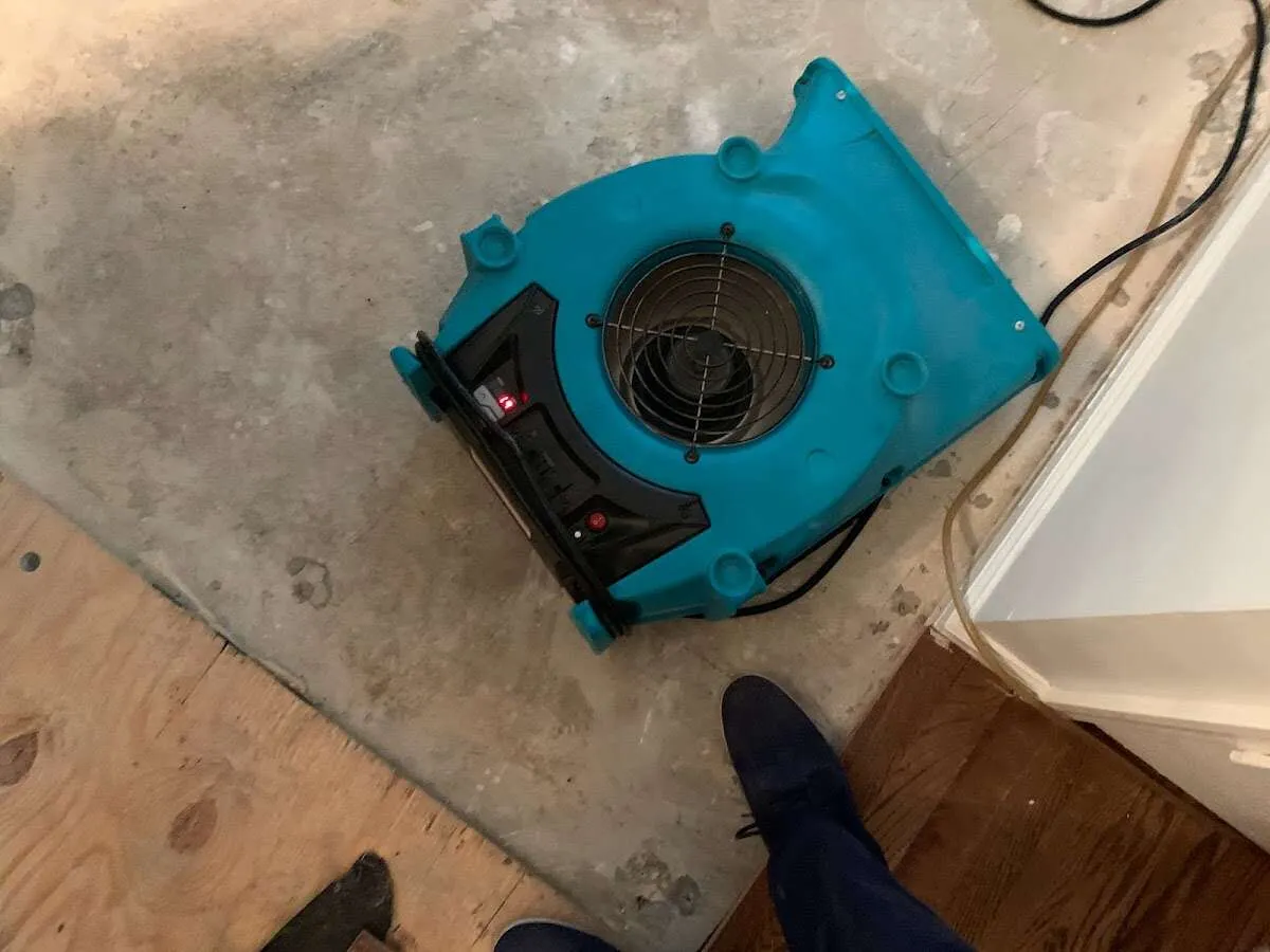 Air mover drying subfloor during Commercial Water Damage Restoration in Martinsburg